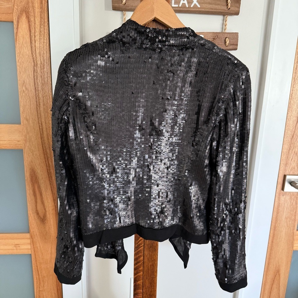 Club Monaco Cora Black Sequin Open Front Silk Blazer Jacket Women's Medium EUC - Picture 4 of 13